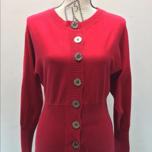 Anne Klein Red Cardigan Sweater Gold Buttons S Long Sleeve Fitted Cotton Blend - Picture 2 of 12